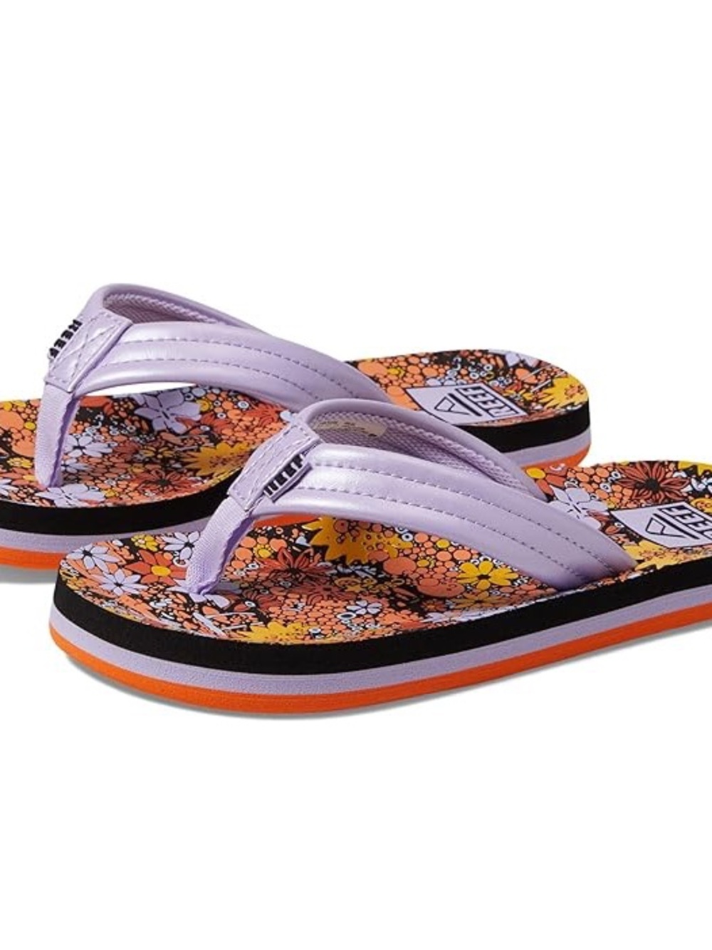 Reef Kids Orange Floral Flip Flops with Light Purple Straps